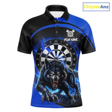Load image into Gallery viewer, Thunder lightning horror wolf men's darts polo shirt, blue wolf dart jersey, custom dart team uniform, personalized darts apparel, fierce wolf dart clothing