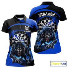 Load image into Gallery viewer, Thunder lightning horror wolf women's darts polo shirt, blue wolf dart jersey, custom dart team uniform, personalized darts apparel, fierce wolf dart clothing