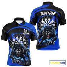 Load image into Gallery viewer, Thunder lightning horror wolf men's darts polo shirt, blue wolf dart jersey, custom dart team uniform, personalized darts apparel, fierce wolf dart clothing