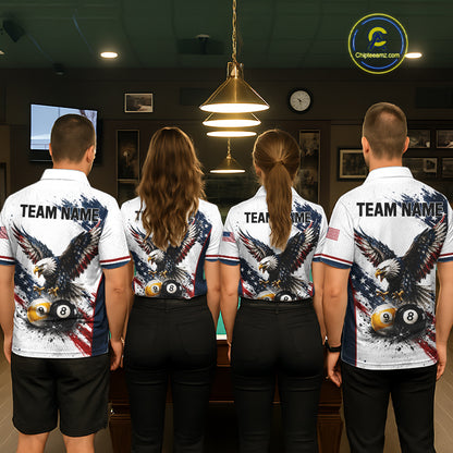 Billiard team wearing matching Vintage Eagle American Flag polo and quarter-zip jerseys, personalized patriotic league uniforms, teamwork, American pride, championship performance