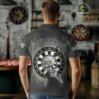 Custom Grey & Green Dartboard Funny Skeleton Dart Men Polo Jerseys Dart Team Shirts NYN1752