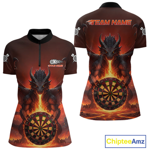 Fire Flame Dragon Red Darts Custom Women 1/4-Zip Darts Jersey Flaming Darts League Shirt NYN2040