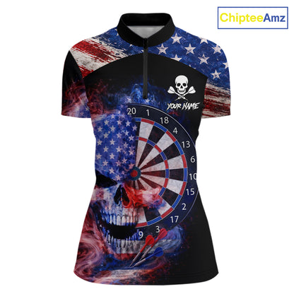 Smoke US Flag Skull Dartboard Women Darts Quarter-Zip Shirt Custom Retro Patriotic Darts Jerseys NYN2550