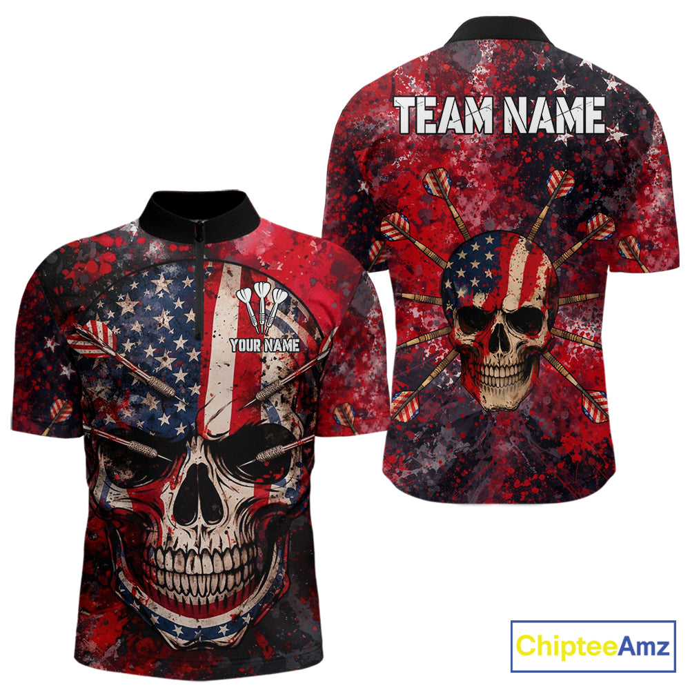 Red Grunge US Flag Skull Dart Arrow Men Darts Quarter-Zip Shirt Custom Retro Darts Team Jerseys NYN2552
