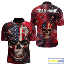 Load image into Gallery viewer, Red Grunge US Flag Skull Dart Arrow Men Darts Quarter-Zip Shirt Custom Retro Darts Team Jerseys NYN2552