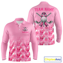 Load image into Gallery viewer, Pink long-sleeve polo shirt with customizable text and Breast Cancer Awareness designs on a white background