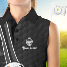 Load image into Gallery viewer, Black sleeveless golf shirt with a logo and text on a blurred golf course background