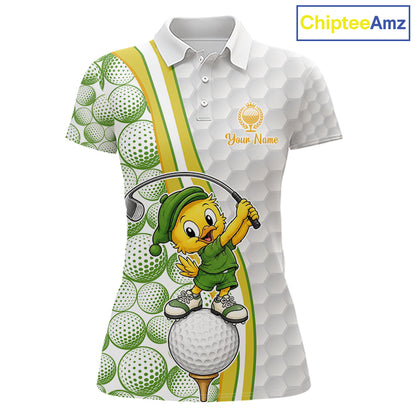 Golf-themed polo shirt with duck cartoon character and golf ball patterns