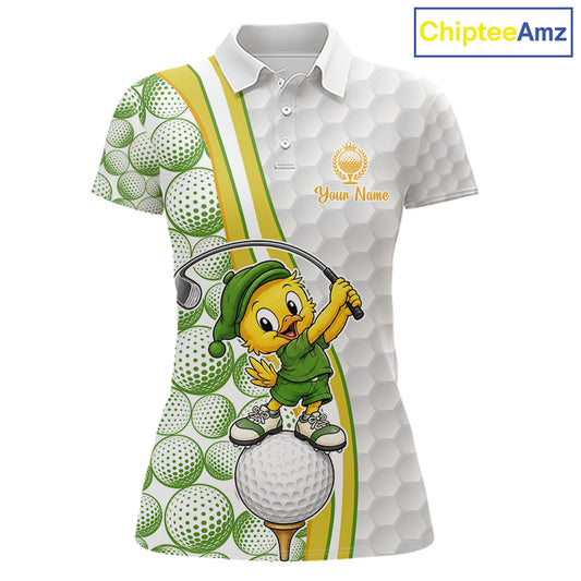 Golf-themed polo shirt with duck cartoon character and golf ball patterns
