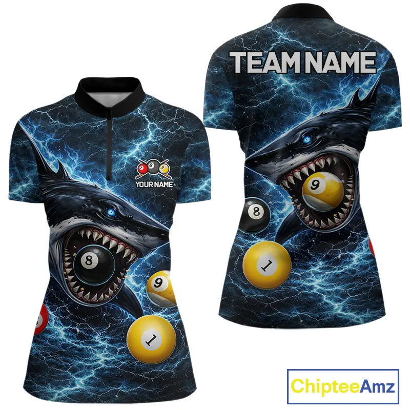 Thunder Blue Funny Shark Play Pool 8 Ball Women's Billiard Shirt Custom Billiard Team League Attire NYN2558