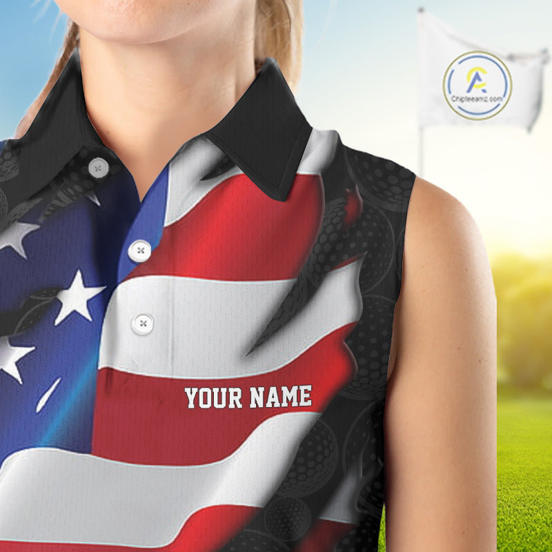 Womens US Flag Golf Polo Shirts Custom Black Golf Ball Pattern American Skull Golf Team Outfits NYN3327
