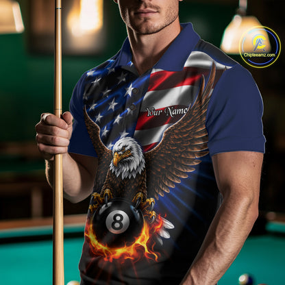 Male model wearing Fire Flame Eagle billiard polo at pool tournament, American Flag team jersey, professional cue sports athlete