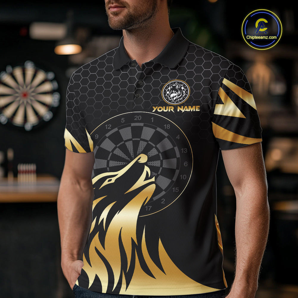 Black And Gold Horror Wolf Dart Shirts For Men Custom Thunder Dartboard Dart Team Name Jerseys NYN3625