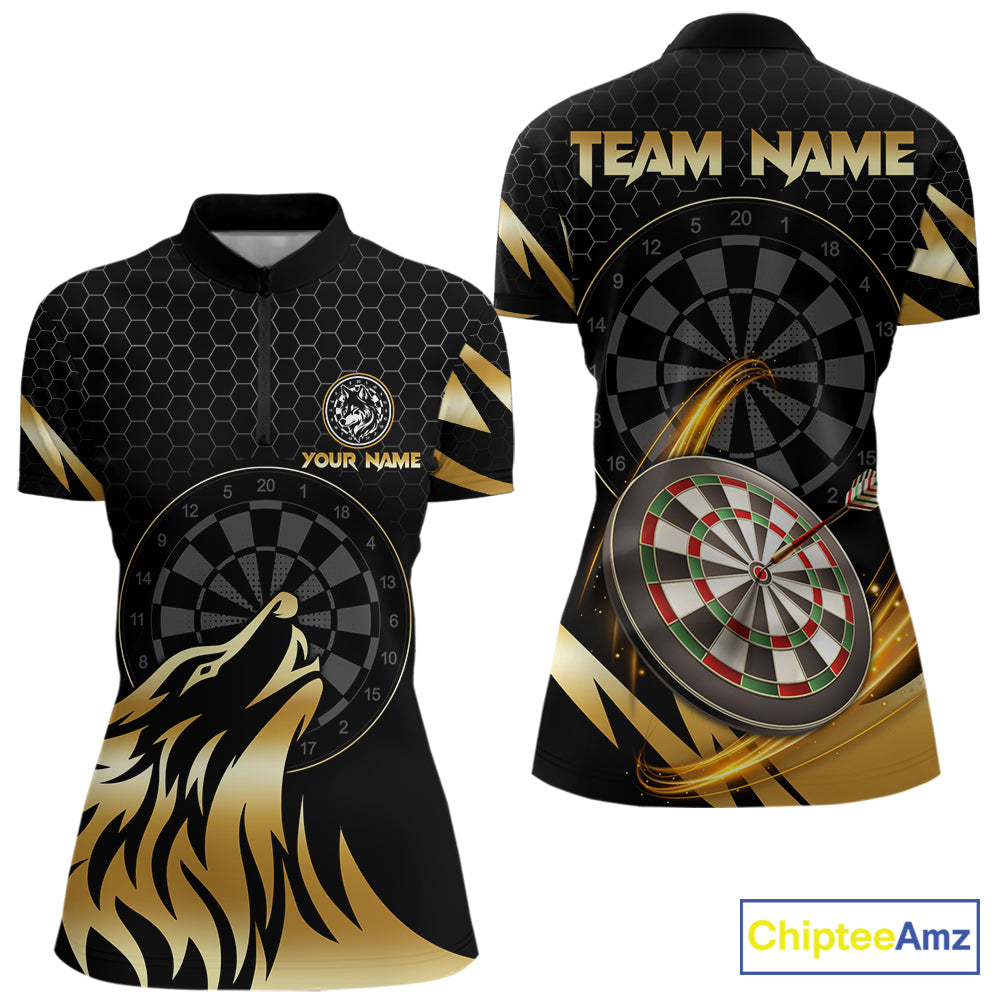 Black And Gold Horror Wolf Dart Shirts For Women Custom Thunder Dartboard Dart Team Name Jerseys NYN3625