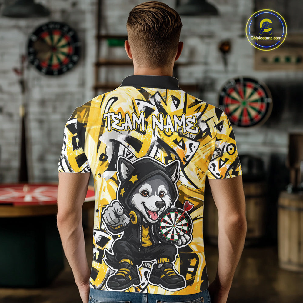 Funny Wolf Dart Shirts For Men Custom Black, White & Yellow Graffiti Dart Team Name Jerseys NYN3626