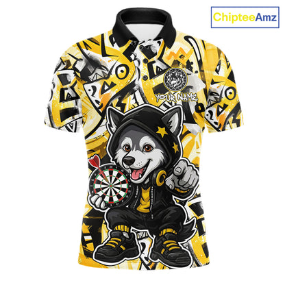 Funny Wolf Dart Shirts For Men Custom Black, White & Yellow Graffiti Dart Team Name Jerseys NYN3626