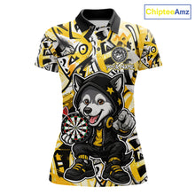 Load image into Gallery viewer, Funny Wolf Dart Shirts For Women Custom Black, White &amp; Yellow Graffiti Dart Team Name Jerseys NYN3626