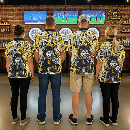 Funny Wolf Dart Shirts For Men Custom Black, White & Yellow Graffiti Dart Team Name Jerseys NYN3626