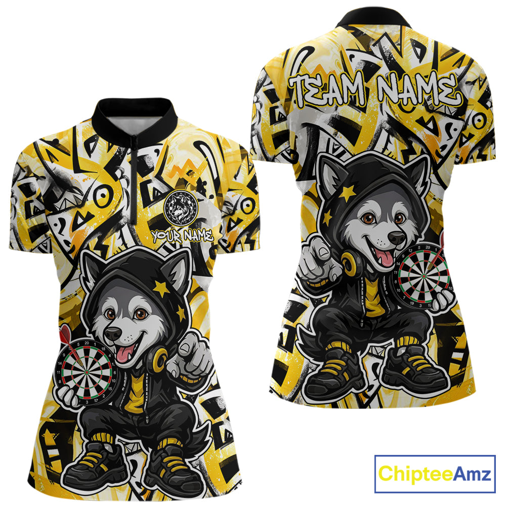 Funny Wolf Dart Shirts For Women Custom Black, White & Yellow Graffiti Dart Team Name Jerseys NYN3626