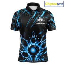 Load image into Gallery viewer, Black and Blue Neon bowling ball and pins men's polo shirt custom bowling team jersey, personalized bowling league shirt, neon bowling apparel