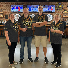 Load image into Gallery viewer, Black &amp; Gold Gradient Dartboard Womens Dart Polo Quarter Zip Shirts Custom Team Name Dart Jerseys NYN3630