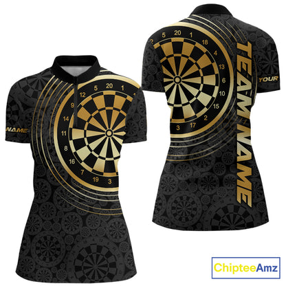Black & Gold Gradient Dartboard Womens Dart Polo Quarter Zip Shirts Custom Team Name Dart Jerseys NYN3630