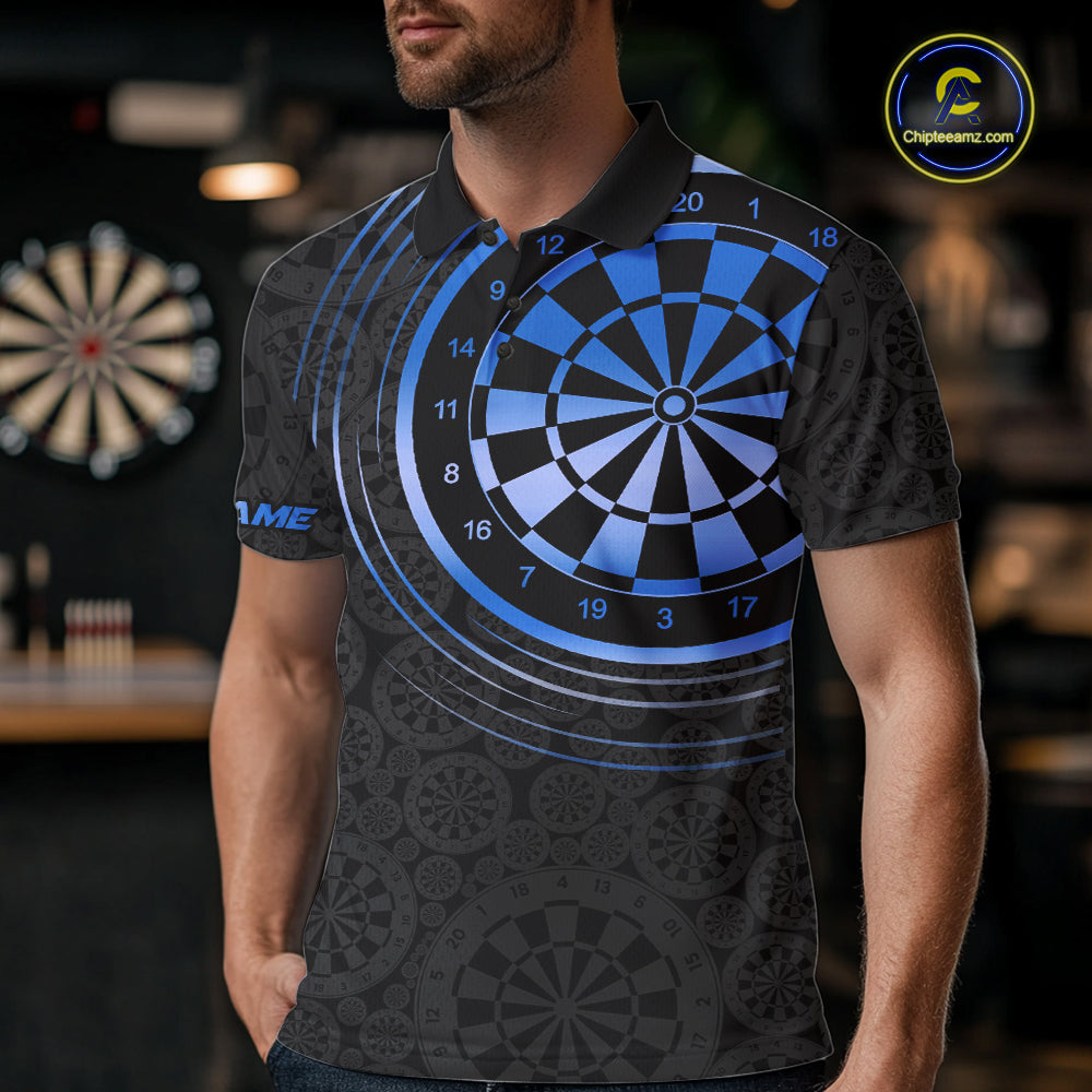 Black & Blue Gradient Dartboard Mens Dart Polo Quarter Zip Shirts Custom Team Name Dart Jerseys NYN3631