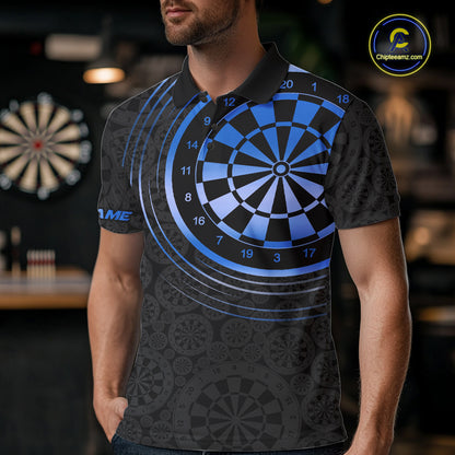 Black & Blue Gradient Dartboard Mens Dart Polo Quarter Zip Shirts Custom Team Name Dart Jerseys NYN3631