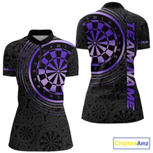 Load image into Gallery viewer, Black &amp; Purple Gradient Dartboard Womens Dart Polo Quarter Zip Shirts Custom Team Name Dart Jerseys NYN3632