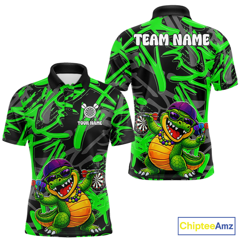 Green Grafffiti Play Darts Polo & Quarter Zip Shirt Personalized Funny Crocodile Men Darts Jersey NYN2948
