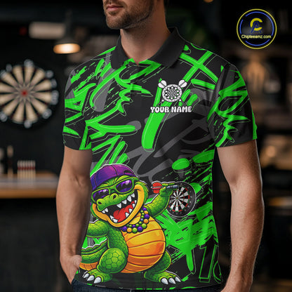Green Grafffiti Play Darts Polo & Quarter Zip Shirt Personalized Funny Crocodile Men Darts Jersey NYN2948