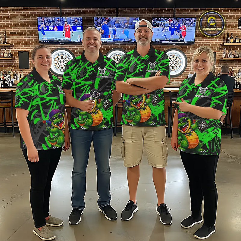 Green Grafffiti Play Darts Polo & Quarter Zip Shirt Personalized Funny Crocodile Men Darts Jersey NYN2948