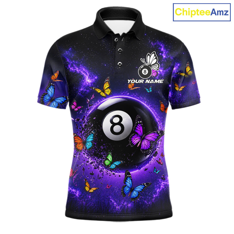 Purple Light 8 Ball Billiard Polo Shirt For Men, Butterfly Pool Team Jersey, Colorful Billiards Apparel, Personalized Pool League Shirt