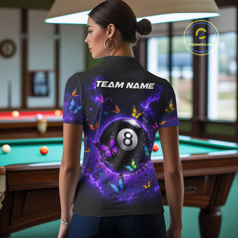Female billiard player wearing Purple Light 8 Ball Butterfly custom billiard jersey