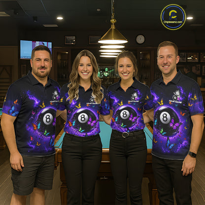Men women billiard team wearing Purple Light 8 Ball Butterfly pool uniforms