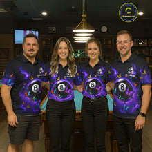 Load image into Gallery viewer, Men women billiard team wearing Purple Light 8 Ball Butterfly pool uniforms