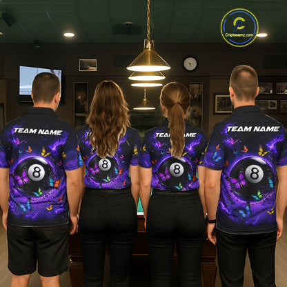 Men women billiard team wearing Purple Light 8 Ball Butterfly pool uniforms