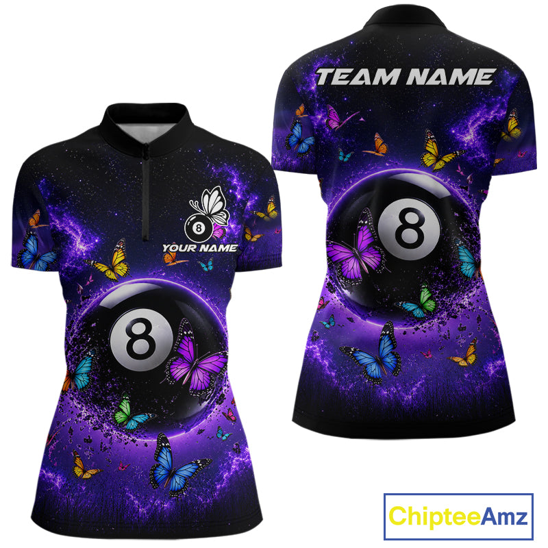 Purple Light 8 Ball Women's Billiard Quarter-Zip Shirt Custom Butterfly Pool League Uniform