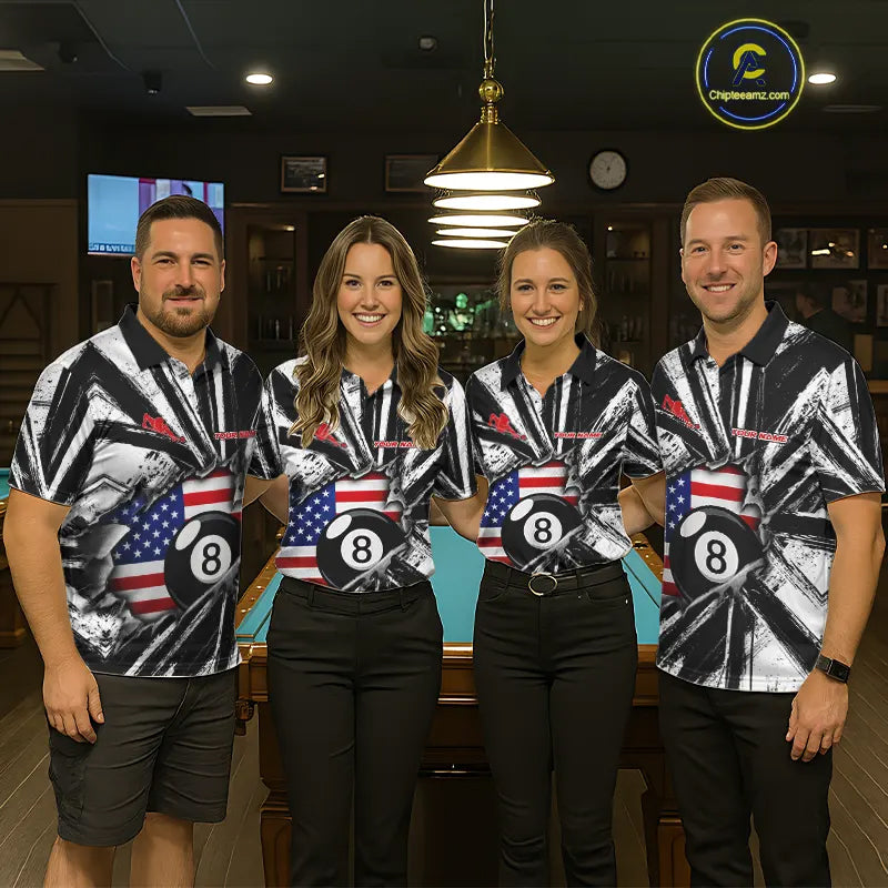 Men women billiard team wearing Black White Grunge patriotic pool uniforms