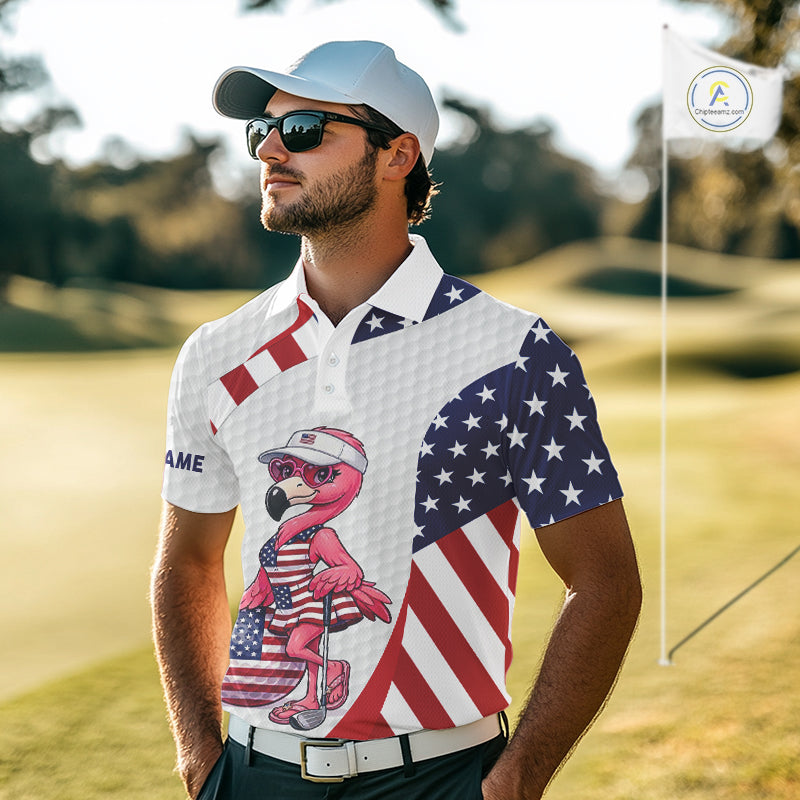 Flamingo Custom Name White American Flag Patriotic Golf Mens Polo Shirt, Flamingo Golf Clothing For Mens NYN2960