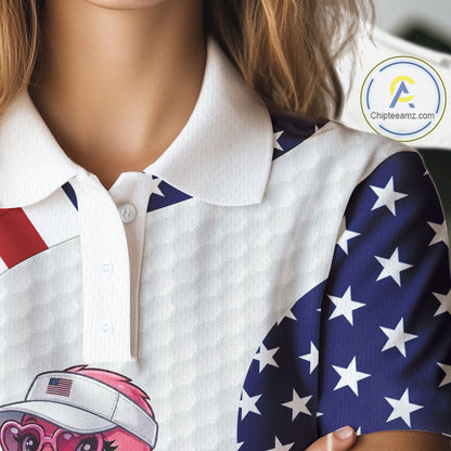 Flamingo Custom Name White American Flag Patriotic Golf Womens Polo Shirt, Flamingo Golf Clothing For Womens NYN2960