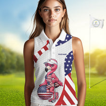 Load image into Gallery viewer, Flamingo Custom Name White American Flag Patriotic Golf Womens Sleeveless Polo Shirt, Flamingo Golf Clothing For Womens NYN2960