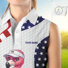 Load image into Gallery viewer, Flamingo Custom Name White American Flag Patriotic Golf Womens Sleeveless Polo Shirt, Flamingo Golf Clothing For Womens NYN2960