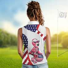 Load image into Gallery viewer, Flamingo Custom Name White American Flag Patriotic Golf Womens Sleeveless Polo Shirt, Flamingo Golf Clothing For Womens NYN2960
