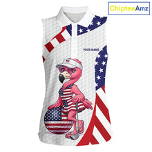 Load image into Gallery viewer, Flamingo Custom Name White American Flag Patriotic Golf Womens Sleeveless Polo Shirt, Flamingo Golf Clothing For Womens NYN2960
