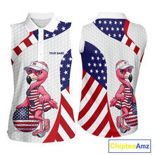 Load image into Gallery viewer, Flamingo Custom Name White American Flag Patriotic Golf Womens Sleeveless Polo Shirt, Flamingo Golf Clothing For Womens NYN2960