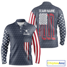 Load image into Gallery viewer, Men's golf polo shirt featuring grey golf ball pattern and patriotic American flag design, personalized performance golf apparel for men's golf teams, tournaments, country clubs, Father's Day gifts, symbolizing freedom, unity and American pride.