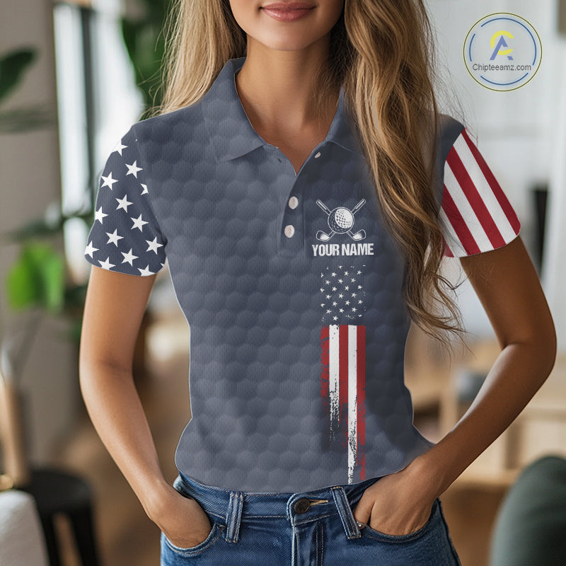 Female golfer wearing custom patriotic golf polo with grey golf ball pattern, perfect for ladies golf league, Memorial Day tournaments, Independence Day golf outings, symbolizing freedom, confidence and teamwork.