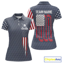 Load image into Gallery viewer, Women's golf polo with grey golf ball graphics and American flag design, custom golf team shirt for league play, country club, patriotic golfers, moisture-wicking performance apparel representing American pride and unity.