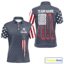 Load image into Gallery viewer, Men's golf polo shirt featuring grey golf ball pattern and patriotic American flag design, personalized performance golf apparel for men's golf teams, tournaments, country clubs, Father's Day gifts, symbolizing freedom, unity and American pride.